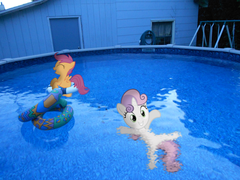 Size: 1600x1200 | Tagged: safe, artist:supernatural90, derpibooru import, scootaloo, sweetie belle, pegasus, pony, unicorn, duo, duo female, female, filly, irl, photo, ponies in real life, swimming, swimming pool, water