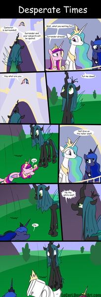 Size: 800x2338 | Tagged: safe, artist:loceri, derpibooru import, princess cadance, princess celestia, princess luna, queen chrysalis, alicorn, changeling, changeling queen, pony, alicorn triarchy, balcony, betrayal, canterlot, comic, coward, crown, defenestration, deviantart link, dialogue, fake celestia, falling, female, image, mare, png, seems legit, siege, slice of life, surrender, toilet, uselesstia