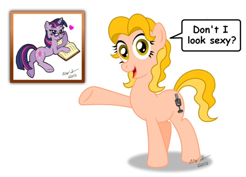 Size: 1024x738 | Tagged: safe, artist:aleximusprime, derpibooru import, twilight sparkle, ponified, earth pony, pony, unicorn, book, comic sans, duo, female, glasses, heart, mare, pointing, prone, simple background, tara strong, transparent background