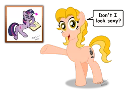 Size: 1024x738 | Tagged: safe, artist:aleximusprime, derpibooru import, twilight sparkle, ponified, earth pony, pony, unicorn, book, comic sans, duo, female, glasses, heart, mare, pointing, prone, simple background, tara strong, transparent background