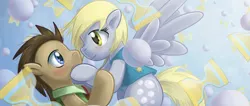 Size: 1419x600 | Tagged: safe, artist:saturnspace, derpibooru import, derpy hooves, doctor whooves, time turner, earth pony, pegasus, pony, winter wrap up, abstract background, blushing, clothes, doctorderpy, eye contact, female, flying, looking at each other, male, mare, photoshop, shipping, spread wings, stallion, straight, vest, wings, winter wrap up vest