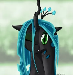 Size: 1172x1200 | Tagged: safe, artist:thattagen, derpibooru import, queen chrysalis, changeling, changeling queen, abstract background, cheeselegs, cute, cutealis, fangs, female, i see what you did there, image, looking at you, one eye closed, peekaboo, png, signature, smiling, solo, wink
