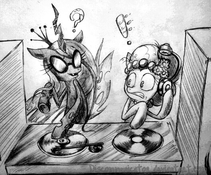 Size: 800x663 | Tagged: safe, artist:discommunicator, derpibooru import, pinkie pie, queen chrysalis, changeling, changeling queen, earth pony, pony, duo, duo female, exclamation point, female, headphones, image, jpeg, mare, monochrome, question mark, shocked, turntable, vinyl's glasses