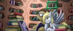 Size: 1702x720 | Tagged: safe, artist:saturnspace, derpibooru import, derpy hooves, doctor whooves, time turner, earth pony, pegasus, pony, book, doctorderpy, female, glasses, golden oaks library, library, male, mare, photoshop, shipping, stallion, straight
