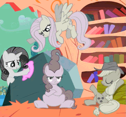 Size: 671x623 | Tagged: safe, derpibooru import, screencap, applejack, fluttershy, pinkie pie, rarity, tom, earth pony, pegasus, pony, unicorn, the return of harmony, animated, applejack's hat, arm behind head, bookshelf, bullying, cowboy hat, cropped, crossed arms, crossed legs, cruel smile, discorded, don't care, eyes closed, female, flapping, flutterbitch, flying, frown, gif, glare, golden oaks library, greedity, indifferent, liarjack, mare, meanie pie, narrowed eyes, polishing, ponytail, pouting, smiling, smirk, stetson, tied tail