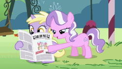 Size: 720x405 | Tagged: safe, derpibooru import, screencap, diamond tiara, dinky hooves, earth pony, pony, unicorn, ponyville confidential, animated, derp, duo, duo female, female, filly, gif, newspaper