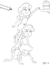Size: 1041x1347 | Tagged: safe, artist:megasweet, derpibooru import, apple bloom, scootaloo, sweetie belle, human, cookie, cookie jar, cutie mark crusaders, female, food, grayscale, gun, humanized, monochrome, reaching, shotgun, simple background, this will end in tears and/or death, tongue out, weapon, white background