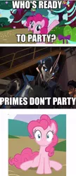 Size: 254x590 | Tagged: safe, derpibooru import, edit, edited screencap, screencap, pinkie pie, earth pony, pony, arcee, crossover, female, image macro, jack darby, mare, meme, sitting, transformers, transformers prime