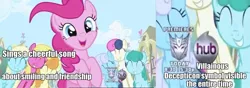 Size: 957x335 | Tagged: safe, derpibooru import, edit, edited screencap, screencap, bon bon, carrot top, golden harvest, pinkie pie, sweetie drops, earth pony, pony, a friend in deed, crossover, decepticon, female, hub logo, image macro, mare, meme, smile song, transformers