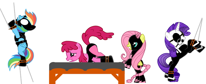 Size: 6320x2600 | Tagged: suggestive, artist:serpent08n, derpibooru import, berry punch, berryshine, fluttershy, rainbow dash, rarity, earth pony, pegasus, pony, unicorn, pony creator, bit gag, blindfold, bondage, bound wings, bridle, chains, dashsub, face down ass up, femdom, femsub, flutterdom, gag, rarisub, simple background, submissive, suspended, white background