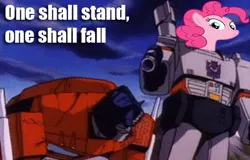 Size: 468x300 | Tagged: caption, clash of hasbro's titans, derpibooru import, edit, hasbro, head swap, megatron, optimus prime, pinkie pie, rivalry, safe, threatening, transformers