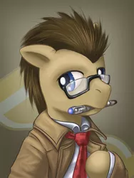 Size: 900x1200 | Tagged: safe, artist:saturnspace, derpibooru import, doctor whooves, time turner, earth pony, pony, bust, clothes, colored pupils, crossover, doctor who, glasses, male, mouth hold, photoshop, solo, sonic screwdriver, stallion