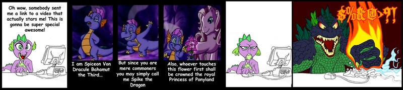 Size: 2412x539 | Tagged: safe, artist:terry, derpibooru import, spike, wysteria, dragon, earth pony, kaiju, pony, comic, computer, female, kaijufied, male, mare