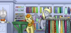 Size: 1280x600 | Tagged: safe, artist:saturnspace, derpibooru import, carrot top, derpy hooves, golden harvest, earth pony, pegasus, pony, 1337, bowtie, duo, female, get, index get, inside, mare, necktie, photoshop, shop, shopping