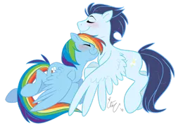 Size: 900x649 | Tagged: safe, artist:chib-bee, derpibooru import, rainbow dash, soarin', pegasus, pony, blushing, eyes closed, female, male, mare, neck nuzzle, nuzzling, shipping, simple background, smiling, soarindash, stallion, straight, transparent background