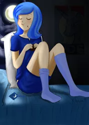 Size: 825x1155 | Tagged: artist:kprovido, bed, clothes, derpibooru import, eyes closed, female, hope poster, human, humanized, moon, moon pies, night, princess luna, s1 luna, safe, sitting, socks, solo