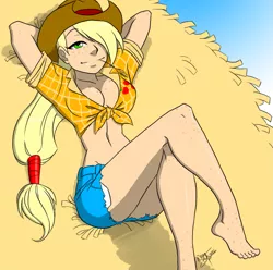 Size: 1121x1112 | Tagged: applebucking thighs, applejack, arm behind head, artist:aeolus06, barefoot, belly button, boob freckles, breasts, busty applejack, chest freckles, cleavage, clothes, daisy dukes, derpibooru import, elbow freckles, feet, female, freckles, front knot midriff, hay, human, humanized, leg freckles, midriff, resting, solo, solo female, straw in mouth, suggestive