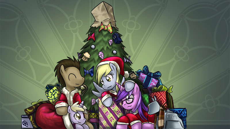 Size: 1280x720 | Tagged: safe, artist:saturnspace, derpibooru import, amethyst star, derpy hooves, dinky hooves, doctor whooves, time turner, earth pony, pegasus, pony, unicorn, abstract background, christmas, crossover, doctor who, female, filly, glasses, hat, hearth's warming eve, k-9, male, mare, photoshop, santa hat, stallion, wallpaper