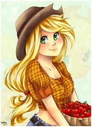 Size: 370x510 | Tagged: safe, artist:nataliadsw, derpibooru import, applejack, earth pony, human, pony, apple, female, food, humanized, looking at you, mare, midriff, smiling, solo