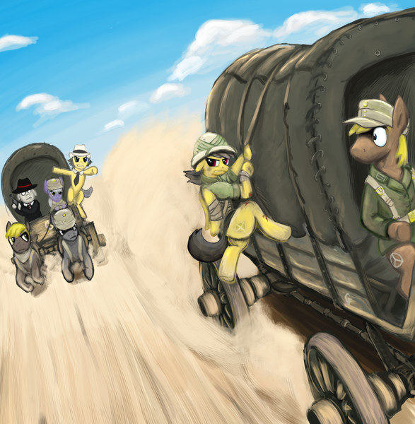 Size: 1956x2000 | Tagged: safe, artist:gordonfreeguy, derpibooru import, daring do, oc, earth pony, pegasus, pony, bandage, bipedal, chase, clothes, crossover, female, gun, handgun, hat, indiana jones, male, mare, pistol, raiders of the lost ark, scene interpretation, stallion, wagon, weapon