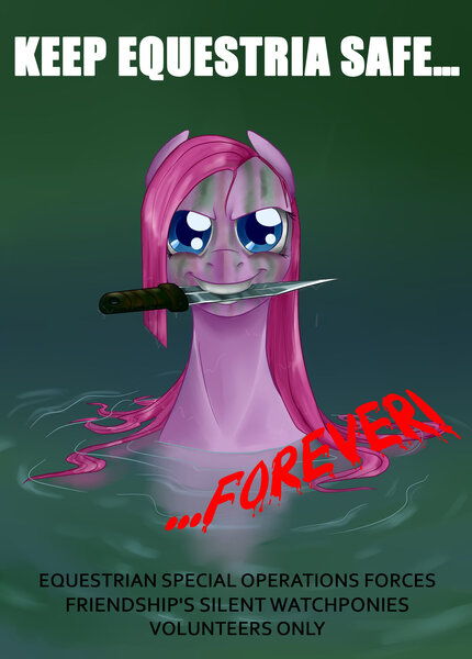 Size: 1024x1429 | Tagged: semi-grimdark, artist:tzelly-el, derpibooru import, pinkie pie, earth pony, pony, evil grin, female, knife, looking at you, mare, mouth hold, pinkamena diane pie, solo, water, wet mane