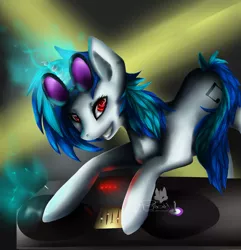 Size: 1251x1296 | Tagged: safe, artist:phyllah, derpibooru import, vinyl scratch, pony, unicorn, female, grin, looking at you, mare, smiling, solo, turntable