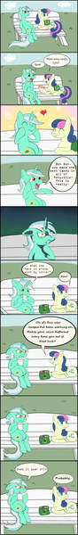 Size: 1024x6952 | Tagged: safe, artist:sailorsun546, derpibooru import, bon bon, lyra heartstrings, sweetie drops, earth pony, pony, unicorn, bench, candy, comic, duo, duo female, female, food, mare, mare of a thousand voices, meme, prone, sitting, sitting lyra, voice, voice change