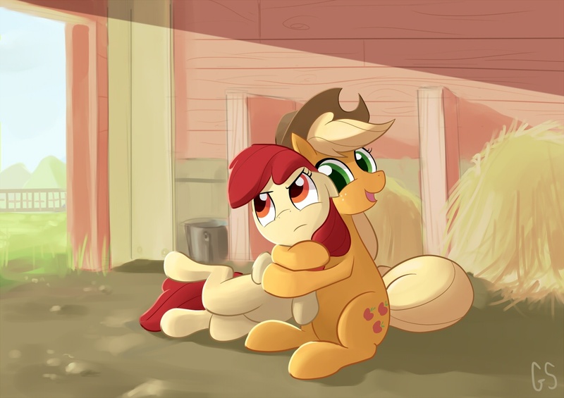 Size: 1150x812 | Tagged: safe, artist:gsphere, derpibooru import, apple bloom, applejack, earth pony, pony, annoyed, apple sisters, barn, duo, duo female, female, filly, foal, haystack, hug, mare, siblings, sisters, sitting, smiling