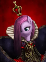 Size: 900x1200 | Tagged: safe, artist:saturnspace, derpibooru import, pinkie pie, earth pony, pony, alice, alice madness returns, american mcgee's alice, clothes, crossover, crown, female, frown, heart, mare, photoshop, pinkamena diane pie, red queen, solo