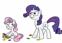 Size: 1000x682 | Tagged: safe, artist:elslowmo, derpibooru import, rarity, sweetie belle, pony, unicorn, duo, duo female, female, filly, lego, mare, ouch, simple background, stepping on a lego, white background