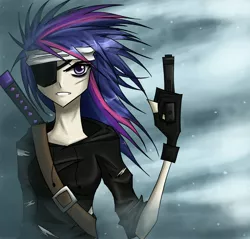 Size: 3302x3152 | Tagged: artist:tao-mell, bandage, derpibooru import, eyepatch, female, future twilight, gun, high res, human, humanized, looking at you, safe, solo, twilight sparkle, weapon