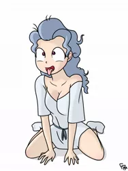 Size: 768x1024 | Tagged: safe, artist:frankier77, derpibooru import, screw loose, human, behaving like a dog, breasts, busty screw loose, cleavage, clothes, cross-eyed, derp, female, humanized, kneeling, simple background, socks, solo, tongue out, white background
