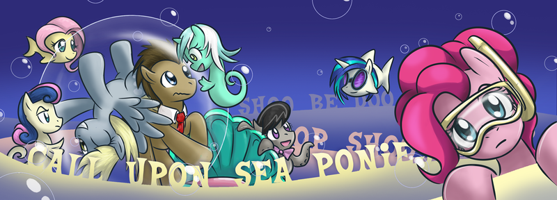 Size: 1500x540 | Tagged: safe, artist:saturnspace, derpibooru import, bon bon, derpy hooves, doctor whooves, fluttershy, lyra heartstrings, octavia melody, pinkie pie, sweetie drops, time turner, vinyl scratch, earth pony, fish, monster pony, octopony, octopus, original species, pegasus, pony, sea pony, shark, bubble, call upon the sea ponies, female, flutterfish, fluttershark, image, male, mare, octaviapus, photoshop, png, race swap, seaponified, seapony bon bon, seapony lyra, sharkified, shoo be doo, snorkel, song reference, species swap, stallion, text, underwater, vinyl shark