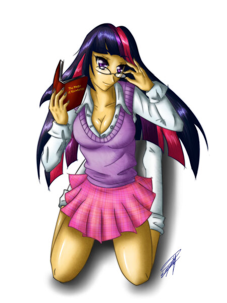 Size: 1050x1400 | Tagged: artist:magy-san, book, cleavage, clothes, derpibooru import, female, glasses, human, humanized, kneeling, safe, skirt, socks, solo, twilight sparkle