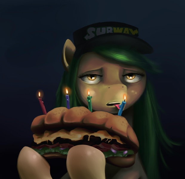 Size: 1231x1192 | Tagged: safe, artist:gsphere, derpibooru import, oc, unofficial characters only, earth pony, pony, candle, female, food, hat, mare, solo, subway, subway pony