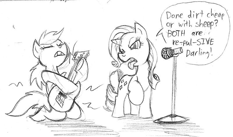 Size: 800x469 | Tagged: safe, artist:elosande, derpibooru import, rainbow dash, rarity, pegasus, pony, unicorn, disapproval, duo, duo female, female, guitar, kneeling, mare, microphone, monochrome