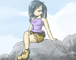 Size: 1500x1200 | Tagged: 2010s, 2012, artist:speccysy, belt, black hair, clothes, crossed legs, daytime, denim shorts, derpibooru import, female, human, humanized, lidded eyes, limestone pie, looking at you, rock, safe, shoes, shorts, sitting, smiling, sneakers, socks, solo, sunny day, tanktop, tomboy, torn clothes