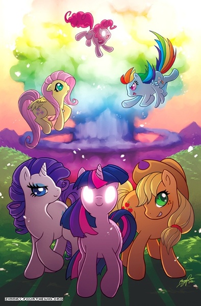 Size: 450x685 | Tagged: safe, artist:zimmay, derpibooru import, applejack, fluttershy, pinkie pie, rainbow dash, rarity, twilight sparkle, earth pony, pegasus, pony, unicorn, atomic rainboom, female, glowing eyes, mane six, mare, mushroom cloud