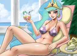Size: 1000x727 | Tagged: armpits, artist:johnjoseco, art pack:my little sweetheart, beautiful, belly button, bikini, breasts, busty princess celestia, cake, clothes, curvy, deck chair, derpibooru import, female, food, human, humanized, jeweled swimsuit, legs, my little sweetheart, praise the sun, princess, princess celestia, purple swimsuit, safe, sexy, sitting, solo, stupid sexy celestia, swimsuit