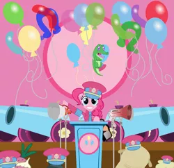 Size: 7245x7015 | Tagged: safe, artist:mostbodacious, derpibooru import, gummy, madame le flour, mr. turnip, pinkie pie, rocky, sir lintsalot, earth pony, pony, absurd resolution, balloon, clothes, cupcake, dictator, female, food, hat, implied cupcakes, implied rainbow dash, mare, megaphone, party cannon, uniform