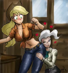 Size: 800x859 | Tagged: applebutt, applejack, artist:johnjoseco, artist:michos, belly button, blushing, breasts, busty applejack, butt, butthug, cleavage, colored, color edit, curvy, derpibooru import, edit, erect nipples, faceful of ass, female, floating heart, front knot midriff, heart, hilarious in hindsight, human, humanized, lesbian, mayorjack, mayor mare, midriff, nipple outline, shipping, suggestive, worship