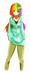 Size: 1490x3544 | Tagged: artist:derpiihooves, clothes, derpibooru import, female, human, humanized, jacket, looking at you, rainbow dash, safe, simple background, solo, white background