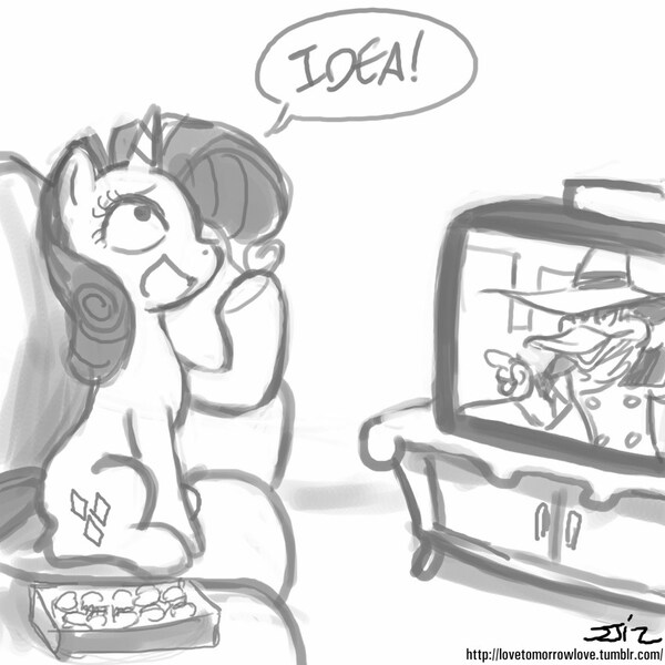 Size: 850x850 | Tagged: safe, artist:johnjoseco, derpibooru import, rarity, pony, unicorn, darkwing duck, female, grayscale, idea, mare, monochrome, origin story, sitting, solo, television