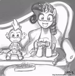 Size: 837x850 | Tagged: safe, artist:johnjoseco, derpibooru import, rarity, spike, dragon, pony, unicorn, controller, fainting couch, female, grayscale, male, mare, monochrome, playing video games, shipping, sitting, sparity, straight, unicorn master race, video game