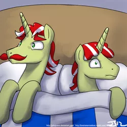 Size: 900x900 | Tagged: safe, artist:johnjoseco, derpibooru import, flam, flim, pony, unicorn, bed, duo, duo male, implied incest, male, morning ponies, now you fucked up, pillow, stallion