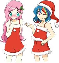 Size: 853x922 | Tagged: artist:applestems, blushing, christmas, clothes, derpibooru import, dress, duo, duo female, female, fluttershy, hat, holiday, holly, human, humanized, rainbow dash, safe, santa hat, simple background, skirt, transparent background