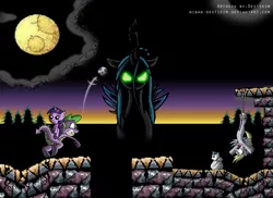 Size: 1100x800 | Tagged: safe, artist:niban-destikim, derpibooru import, derpy hooves, queen chrysalis, shining armor, spike, twilight sparkle, changeling, changeling queen, dragon, pegasus, pony, unicorn, baby, baby dragon, baby pony, babylight sparkle, colt, colt shining armor, crossover, cute, derpabetes, female, filly, filly twilight sparkle, foal, glowing eyes, hanging, hanging upside down, image, jpeg, male, mare, moon, ponies riding dragons, riding, rope, shining adorable, spikabetes, super mario bros., tied up, twiabetes, unicorn twilight, upside down, yoshi's island, younger