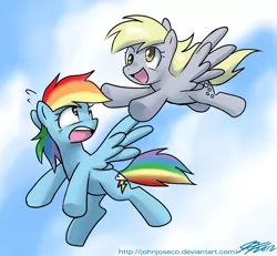 Size: 1000x922 | Tagged: safe, artist:johnjoseco, derpibooru import, derpy hooves, rainbow dash, pegasus, pony, duo, duo female, female, flying, image, jpeg, mare, photoshop, sky