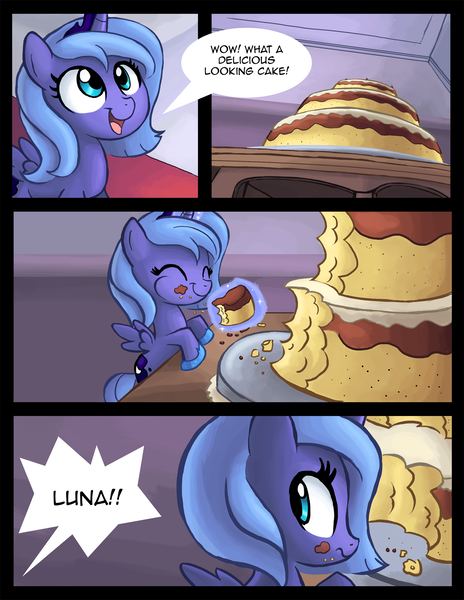 Size: 1275x1650 | Tagged: safe, artist:ric-m, derpibooru import, princess luna, alicorn, pony, cake, comic, crumbs, eating, female, filly, foal, solo, woona