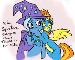 Size: 837x676 | Tagged: safe, artist:buttercupsaiyan, derpibooru import, spitfire, trixie, pegasus, pony, unicorn, bipedal, clothes, female, goggles, hug, image, lesbian, mare, png, shipping, trixfire, uniform, wonderbolts uniform